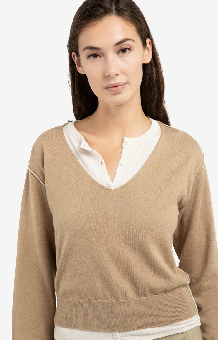 picture of Yaya Layered Sweater Contrast Neckline - Khaki Green Dessin - Number Two - womens - fashion - clothing - Yaya 2