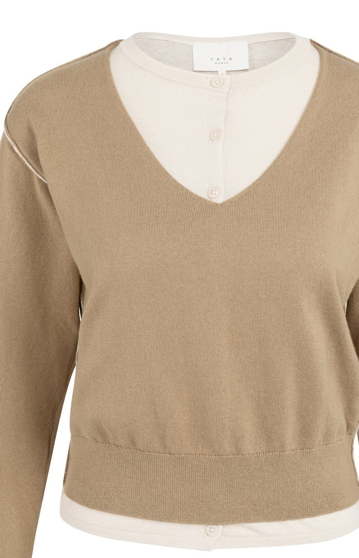 picture of Yaya Layered Sweater Contrast Neckline - Khaki Green Dessin - Number Two - womens - fashion - clothing - Yaya 6