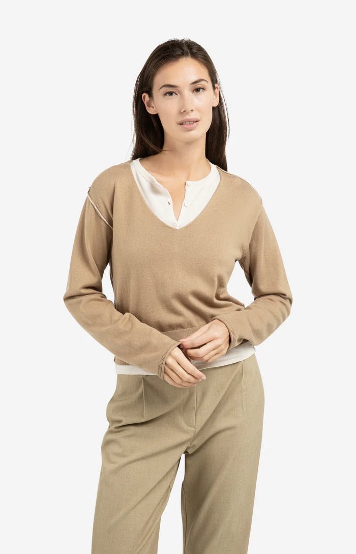 picture of Yaya Layered Sweater Contrast Neckline - Khaki Green Dessin - Number Two - womens - fashion - clothing - Yaya 3