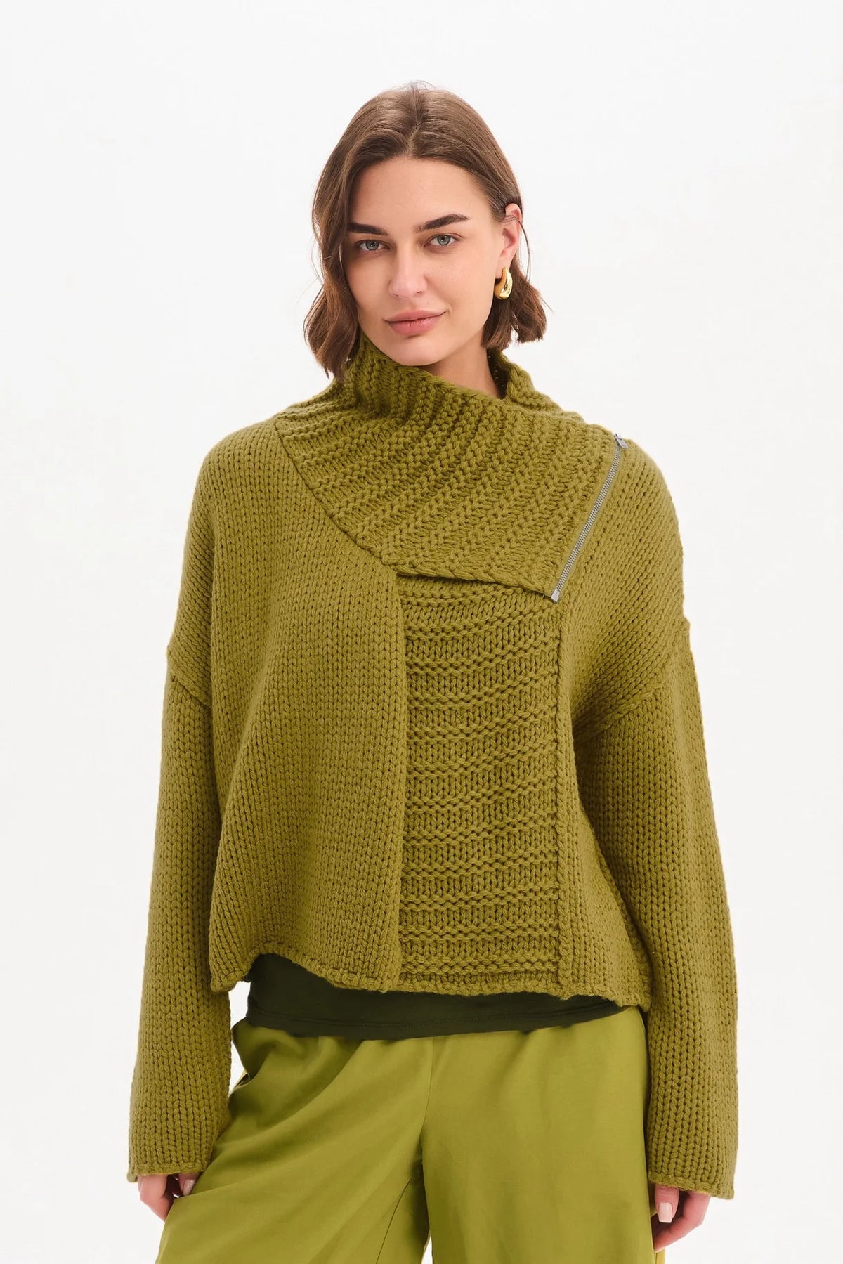 picture of Tirelli Zip Collar Boxy Rib Sleeve Knit - Chartreuse - Number Two - womens - fashion - clothing - Tirelli 1