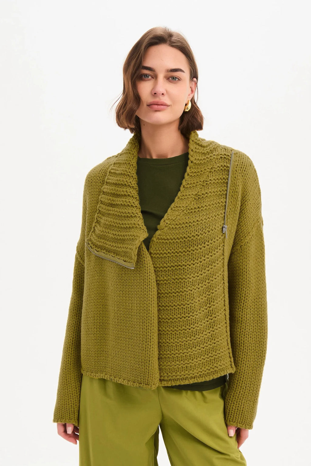 picture of Tirelli Zip Collar Boxy Rib Sleeve Knit - Chartreuse - Number Two - womens - fashion - clothing - Tirelli 2