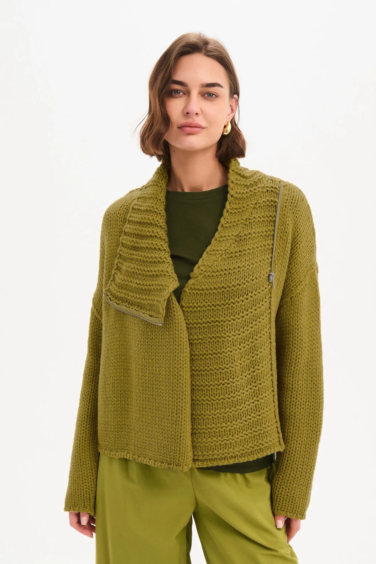 picture of Tirelli Zip Collar Boxy Rib Sleeve Knit - Chartreuse - Number Two - womens - fashion - clothing - Tirelli 2