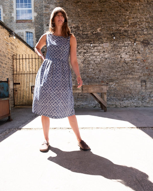 Bibico Elaine Day Dress Indigo Block Print